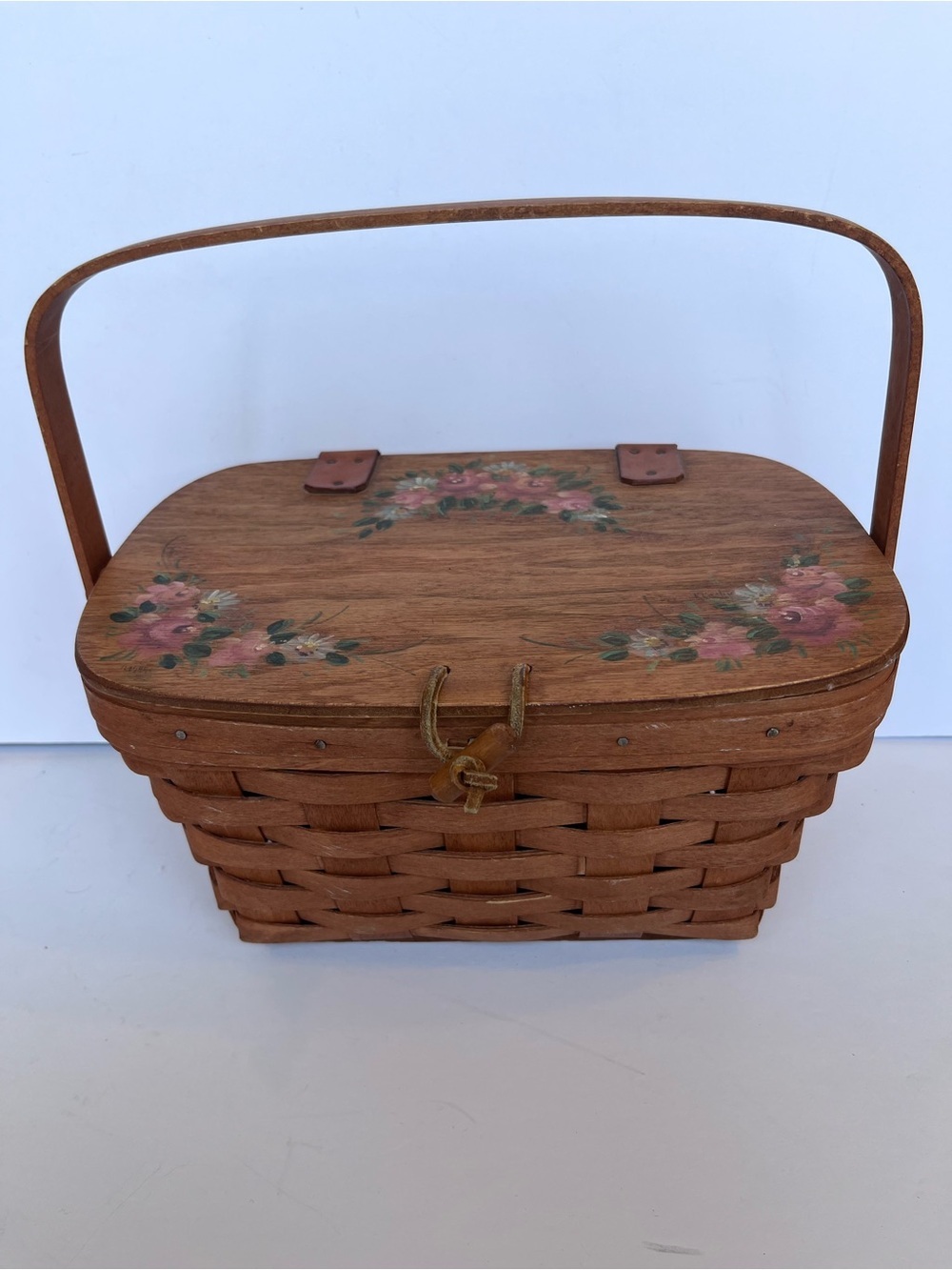 Vintage Longaberger Floral Hand Painted Basket with Handles Purse Picnic Basket